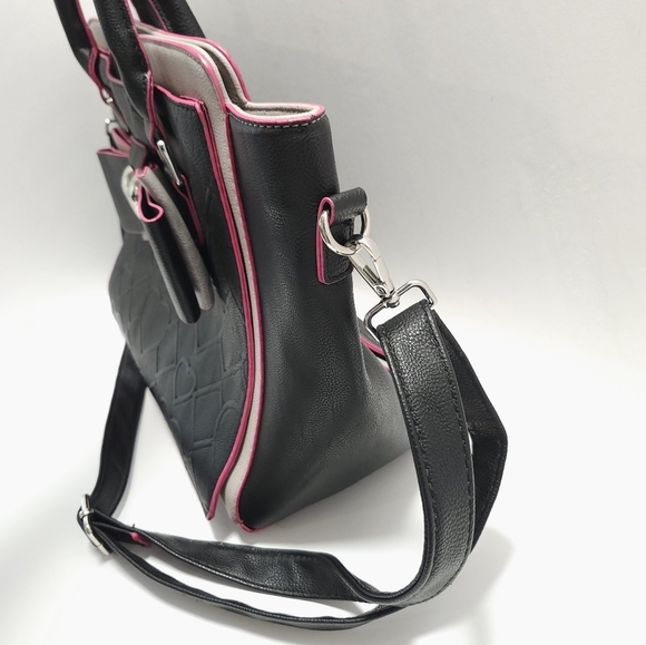 Betsey Johnson Black and Pink Heart Bow Hand Bag Purse Floral Silver Hardwear - Picture 3 of 11